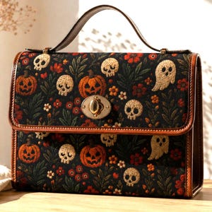 Halloween Cottagecore Satchel Bag, Gothic Pumpkin Skull Ghost Handbag, Witchy Crossbody Purse, Fall Autumn Shoulder Bag, Spooky Gift for Her