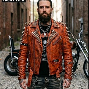 Men Orange Leather Motorcycle Jacket | Heavy Spike & Studded Punk Jacket | Flaming Skull Hellraiser Biker Outerwear
