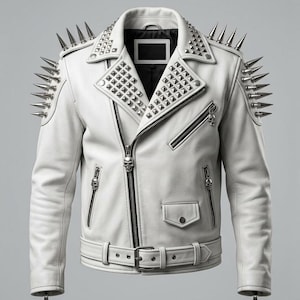 White Spiked Leather Biker Jacket - Punk Rock Studded Coat with Skull Back Graphic