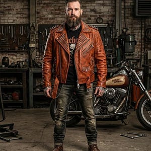 Men's Studded Orange Leather Biker Jacket - Hellraiser Flaming Skull Patched Punk Rock Motorcycle Jacket with Spikes