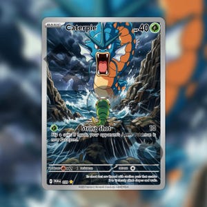 May include: A rectangular trading card featuring a small green Caterpie facing a large blue and orange Gyarados in a stormy sea. The card displays the text Caterpie, HP 40, String Shot 10, and descriptive text about suction pads on its feet.