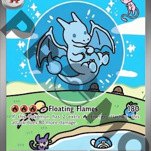 May include: A Charizard EX Pokémon trading card. The card features a light blue Charizard illustration within a blue circle, with the text "Charizard EX" and "Floating Flames". The card also includes the HP, attack damage, and other game details.