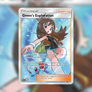 May include: A Green's Exploration Trainer Supporter Pokémon trading card featuring an illustration of a brown-haired character with a green bag and a blue Squirtle. The card text reads: You can play this card only if you have no Pokémon with Abilities in play.