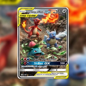 Könnte beinhalten: Eine Sammelkarte mit Ivysaur, Charmeleon und Wartortle mit 350 KP. Die Karte zeigt den Text TAG TEAM, Rock, Paper, Scissors und Tri-Blast GX. Das Bild zeigt die drei Kreaturen in einer felsigen Landschaft mit Feuer- und Wassereffekten.