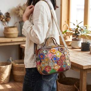 Handmade Genuine Leather Patchwork Tote Bag Colorful Shoulder Purse Casual Vintage Small Slouchy Handbag Retro Floral Embossed Crossbody