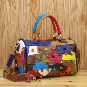 Handmade Genuine Leather Patchwork Tote Bag Colorful Boston Satchel Multi Color Textured Duffel Purse Vintage Overnighter Shoulder Handbag