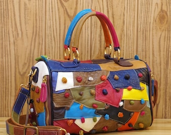 Bolso tote de patchwork de cuero genuino hecho a mano, bolso Boston colorido, bolso de viaje texturizado multicolor, bolso de hombro vintage para pasar la noche
