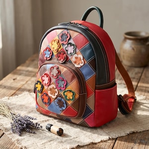 Handmade Genuine Leather Floral Patchwork Backpack Colorful 3D Flower Satchel Multi Color Rainbow Purse Vintage Shoulder Travel Bag Bookbag