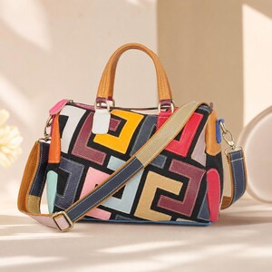 Artistic Patchwork Boston Elegant Genuine Leather Shoulder Bag Chic Geometric Crossbody Handbag Modern Duffle Purse Sleek Unique Travel Pack