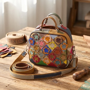 Könnte beinhalten: Eine mehrfarbige Handtasche mit einem Patchwork-Design aus rautenförmigen Lederfeldern, die mit verschiedenen kleinen, bunten Lederblumenapplikationen verziert ist. Die Tasche verfügt über einen Tragegriff, einen abnehmbaren Schulterriemen und einen Reißverschluss.