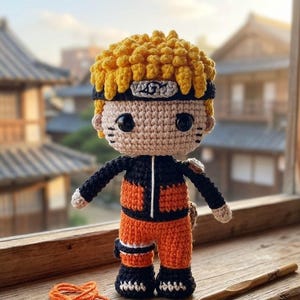 Puede incluir: Muñeca de ganchillo hecha a mano de un personaje con pelo amarillo puntiagudo, atuendo negro y naranja y una diadema. La muñeca tiene ojos negros grandes y está de pie sobre una superficie de madera. El fondo muestra un edificio tradicional japonés.