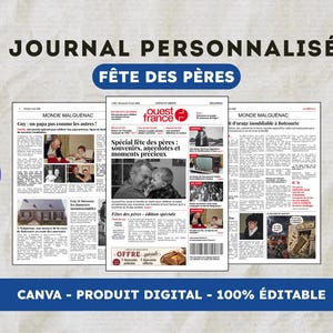 Peut inclure: Un modèle de journal personnalisé pour la fête des pères avec le texte JOURNAL PERSONNALISÉ, FÊTE DES PÈRES et IDÉE CADEAU. La mise en page numérique comprend des colonnes, des titres, des photos en noir et blanc et un code-barres, entièrement modifiable.