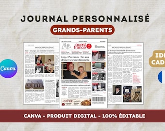 Journal personnalisable - Cadeau anniversaire Grands-Parents - Une de journal à personnaliser - Template Canva modifiable - Modèle digital
