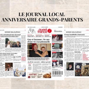 Puede incluir: Páginas de periódico con el titular "LE JOURNAL LOCAL ANNIVERSAIRE GRANDS-PARENTS". El periódico presenta artículos y fotos, incluido uno con el titular "Guy et Suzanne : 80 ans d'une vie exceptionnelle."