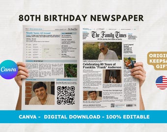 80th Birthday Gift for Grandpa or Grandma, Custom Newspaper Template, Editable Canva Digital Download