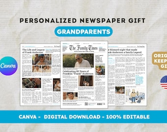 80th Birthday Newspaper Template, Custom Editable Canva Newspaper Gift for Grandpa or Grandma