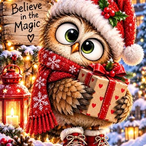 Peut inclure: Un hibou brun aux grands yeux verts portant un bonnet de Père Noël rouge à bordure blanche, une écharpe rouge à motifs de flocons blancs et des bottes rouges. Il tient un cadeau beige à cœurs rouges. Un panneau en bois indique Believe in the Magic.