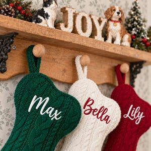 Peut inclure: Trois chaussettes de Noël en tricot torsadé suspendues à une étagère en bois. La chaussette verte est brodée du nom Max en blanc, la crème avec Bella en rouge, et la rouge avec Lily en lettres cursives blanches.