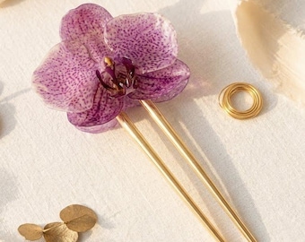 Real Orchid Hair Pin, Preserved Spotted Flower Bridal Hair Fork, Gold French Twist Accessory