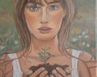 Handgemaltes Öl Portrait: Frau Hält Setzling, Erdige Realismus Wandkunst