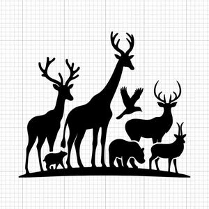 May include: Black silhouette of various wildlife animals including deer, a giraffe, a bear, an eagle, and an antelope. The animals are arranged on a curved line, creating a nature-themed design.