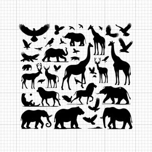 Könnte beinhalten: Schwarze Silhouette-Ausschnitte verschiedener Tiere und Vögel, darunter Elefanten, Giraffen, Hirsche, Bären und Adler. Das Bild zeigt eine Vielzahl von Wildtieren in einem einfachen, grafischen Stil, der sich für Bastel- oder Designprojekte eignet.