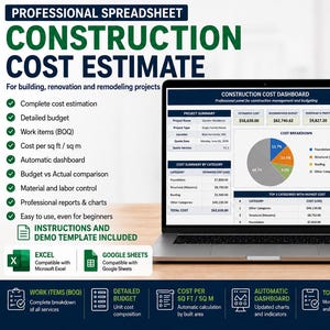 Construction Cost Estimator Excel Spreadsheet Template | Contractor Project Budget | Building Estimate Planner | Renovation Calculator