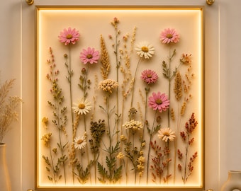 Pressad akrylväggkonst med vildblommor och LED-ram, botanisk blommig väggdekoration, modern blomakrylpanel, lyxig naturväggbonad