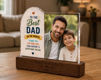 Personlig fotoplakett, personlig pappapresent, akrylminnessak med träställ