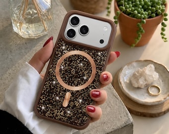 Glittrande iPhone-skal med strass och MagSafe, skyddande glitterfodral för iPhone 17, 16, 15, 14