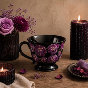 May include: A black ceramic teacup featuring a vibrant purple floral pattern, positioned centrally. The cup has a wide rim, a curved handle, and a pedestal base. It is surrounded by a dark purple pillar candle, a small lit candle, and flowers.