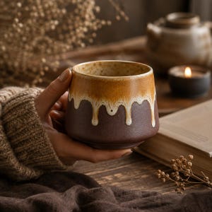 Peut inclure: Un mug en céramique de forme arrondie avec une base brun foncé et une section supérieure jaune moutarde contrastante. L'émail crée un motif de coulure distinct là où le jaune rencontre le brun, avec une texture mouchetée sur le bord intérieur.