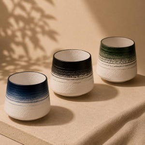 Op de afbeelding: Drie keramische bekers met een getextureerde, matte afwerking. Elke beker heeft een witte basis die naar boven toe overgaat in een kleurverloop: diepblauw, zwart en donkergroen, allemaal met zichtbare horizontale penseelstreekdetails.
