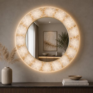 Round Onyx Backlit Wall Mirror | Gold Accent, Modern Statement Piece