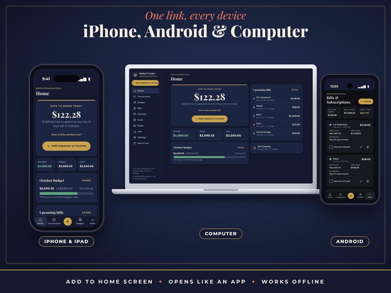 May include: A digital interface displayed on a smartphone, a laptop, and another smartphone, showing a budget tracking application with dark blue backgrounds, gold accents, and financial data including the text One link, every device, iPhone, Android & Computer.