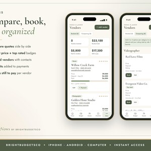 Puede incluir: Dos pantallas de smartphone que muestran la interfaz de gesti&oacute;n de proveedores BrightVows. La aplicaci&oacute;n presenta listas de proveedores reservados, precios, dep&oacute;sitos y contactos. El texto incluye Compare, book, stay organized, Vendors y BrightVows by BrightBudgetsCo.