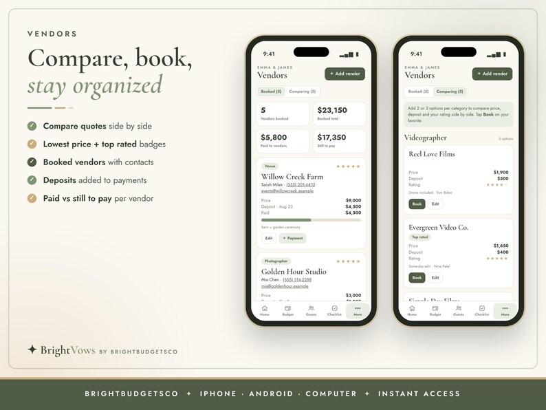 Puede incluir: Dos pantallas de smartphone que muestran la interfaz de gesti&oacute;n de proveedores BrightVows. La aplicaci&oacute;n presenta listas de proveedores reservados, precios, dep&oacute;sitos y contactos. El texto incluye Compare, book, stay organized, Vendors y BrightVows by BrightBudgetsCo.