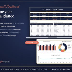 May include: A digital annual dashboard template for Google Sheets and Excel displayed on a laptop screen. The interface features financial tables, income versus expense bar charts, a pie chart for spending categories, and a savings rate line graph.