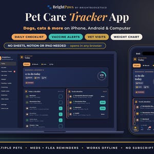 May include: A digital pet care tracker app interface displayed on a laptop and smartphone. The dark-themed dashboard features a daily checklist, vaccine alerts, vet visits, and weight charts for dogs and cats, with text including BrightPaws.