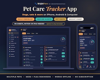 Peut inclure: Une interface d'application de suivi des soins pour animaux affichée sur un ordinateur portable et un smartphone. Le tableau de bord sombre comprend une liste de tâches, des alertes vaccins, des visites vétérinaires et BrightPaws.