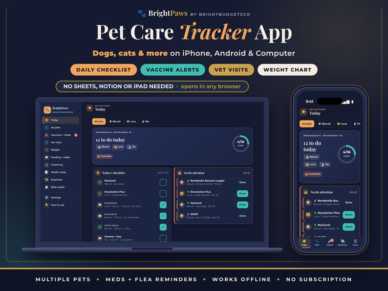 May include: A digital pet care tracker app interface displayed on a laptop and smartphone. The dark-themed dashboard features a daily checklist, vaccine alerts, vet visits, and weight charts for dogs and cats, with text including BrightPaws.