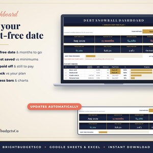 May include: A Debt Snowball Dashboard digital spreadsheet displayed on a laptop screen and a smaller preview window. The interface features dark blue and gold sections with text including Debt-free date, interest saved, and payoff order tables.