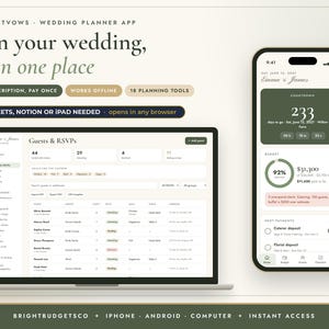 May include: A digital wedding planner app interface displayed on a laptop and a smartphone. The screen shows guest lists, RSVP tracking, budget summaries, and countdown timers. Text includes Plan your wedding, all in one place, Brightvows, and Emma & James.