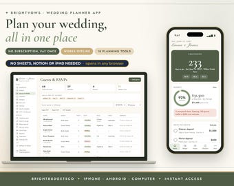 Peut inclure: Une interface d'application de planification de mariage affichée sur un ordinateur portable et un smartphone. L'écran présente des listes d'invités, le suivi des RSVP, des budgets et des comptes à rebours. Texte : Plan your wedding, all in one place.