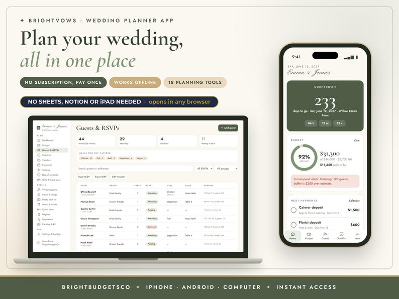 Puede incluir: Una interfaz de aplicaci&oacute;n de planificaci&oacute;n de bodas en una computadora port&aacute;til y un tel&eacute;fono inteligente. La pantalla muestra listas de invitados, seguimiento de RSVP, presupuestos y temporizadores. El texto incluye Plan your wedding, all in one place.