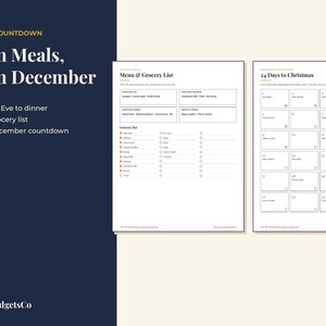 May include: Two white printable planner pages with black text. The left page is a Menu & Grocery List with sections for meals and a 30-line checklist. The right page is a 24 Days to Christmas countdown calendar with numbered boxes.