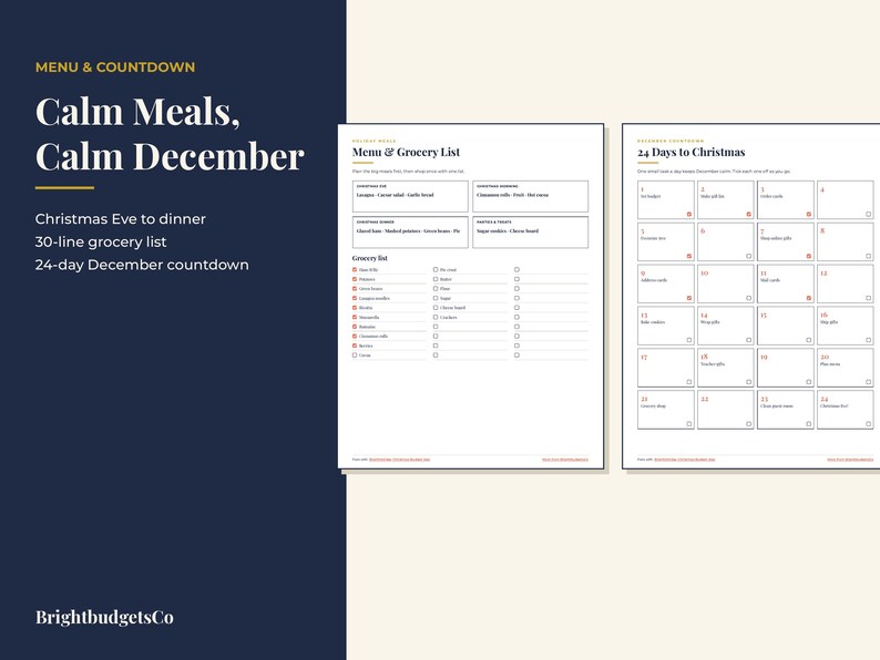 May include: Two white printable planner pages with black text. The left page is a Menu & Grocery List with sections for meals and a 30-line checklist. The right page is a 24 Days to Christmas countdown calendar with numbered boxes.