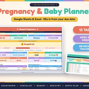 May include: A digital Pregnancy & Baby Planner for Google Sheets and Excel displayed on a laptop and tablet screen. The interface features colorful sections for tracking due dates, trimesters, checklists, budgets, and appointments.