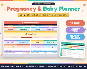 Peut inclure: Un planificateur numérique de grossesse et de bébé pour Google Sheets et Excel affiché sur un écran d'ordinateur portable et de tablette. L'interface présente des sections colorées pour suivre les dates, trimestres et budgets.