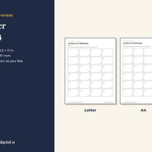 May include: Two printable calendar sheets titled 24 Days to Christmas, featuring a grid of numbered boxes. The left sheet is labeled Letter at 8.5 x 11 inches, and the right sheet is labeled A4 at 210 x 297 mm. The text BrightbudgetsCo is visible.